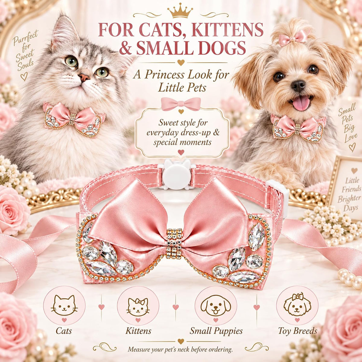 Elegant Rhinestone Cat Collar with Bow, Breakaway Adjustable Pet Collar