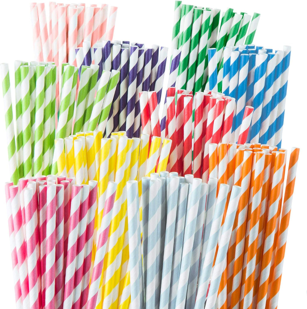 Paper Straws Disposable - 200 Pack - Durable & Non-Soggy Striped Paper Straws for Drinking in 10 Colors - 100%