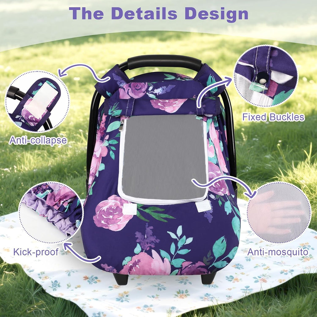 Windproof Baby Car Seat Cover, 3D Mink Dot Infant Car Seat Canopy with Breathable Mesh Window, Baby Carrier Cover for