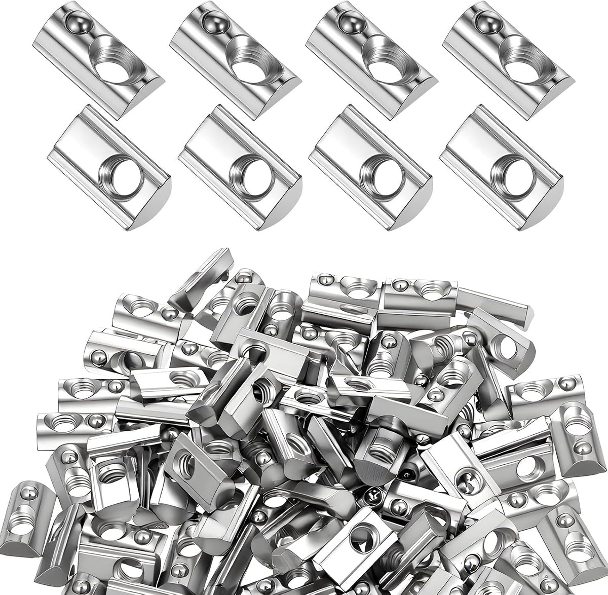 100 Pcs 40 Series M8 Thread T Spring Nut Carbon Steel European Standard M8 T Nuts Half Round Roll in Spring for 3D Printer, Aluminum Extrusion Profile, Silver