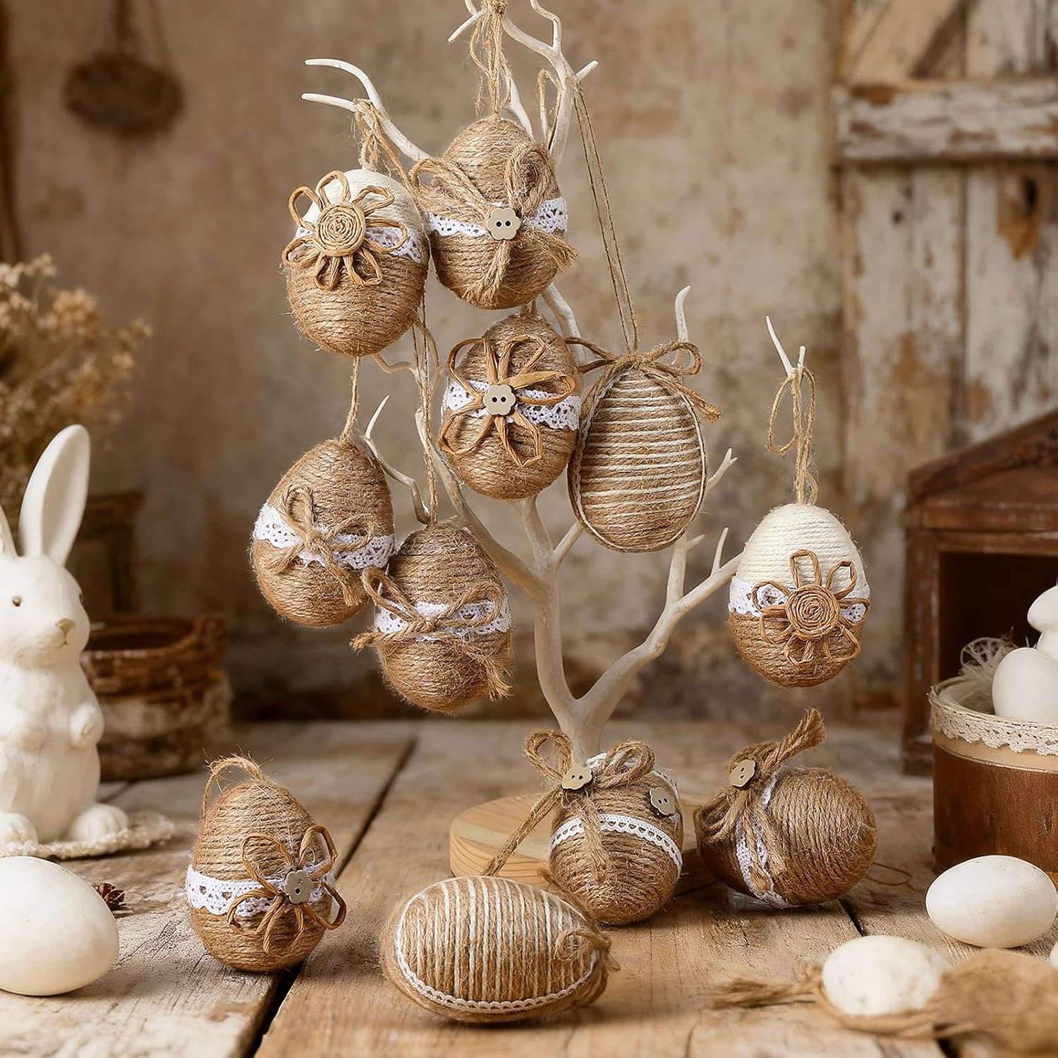 12 Pcs Farmhouse Burlap Easter Egg Ornaments Rustic Linen Rope Hanging Easter Eggs with Lace Wooden Button, Handmade