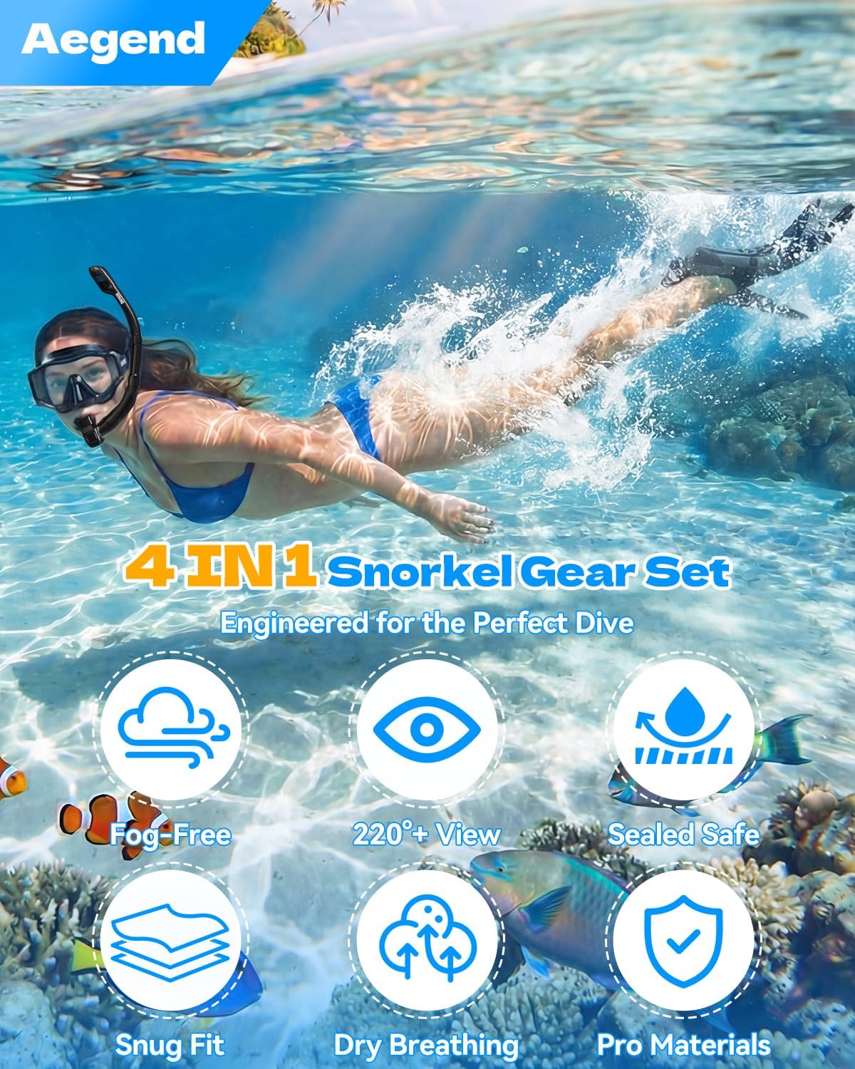 4-in-1 Snorkeling Gear for Adult Men Women with Travel Mesh Bag | Anti-Fog Panoramic Mask Set, Adjustable Fins & Dry