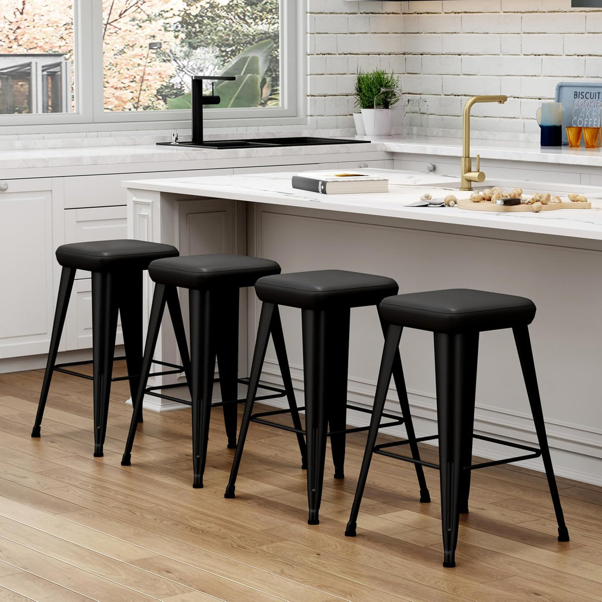Backless Bar Stools Set of 4, 30" Black PU Leather Barstools