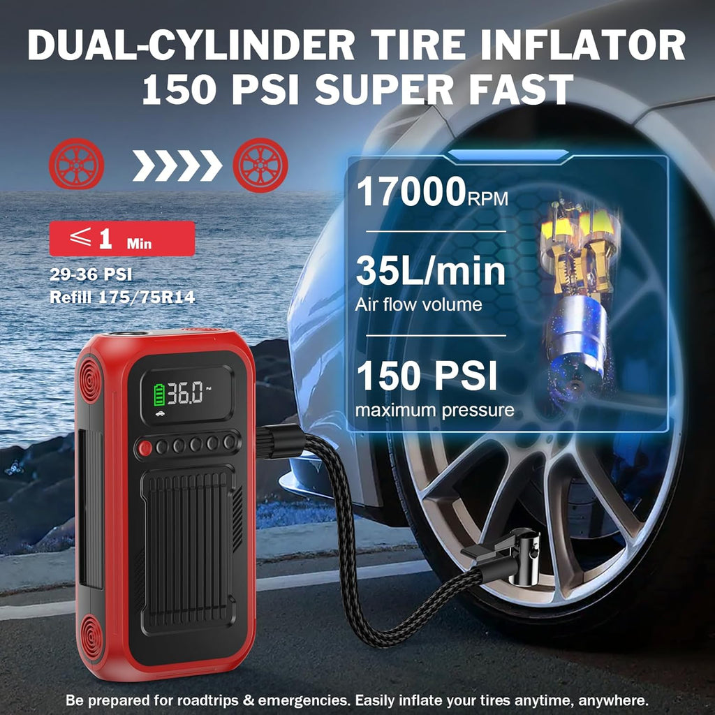 Tire Inflator Portable Air Compressor,12V Car Battery Jump Starter,5X Faster Air Pump For Car Tire with Digital Tire