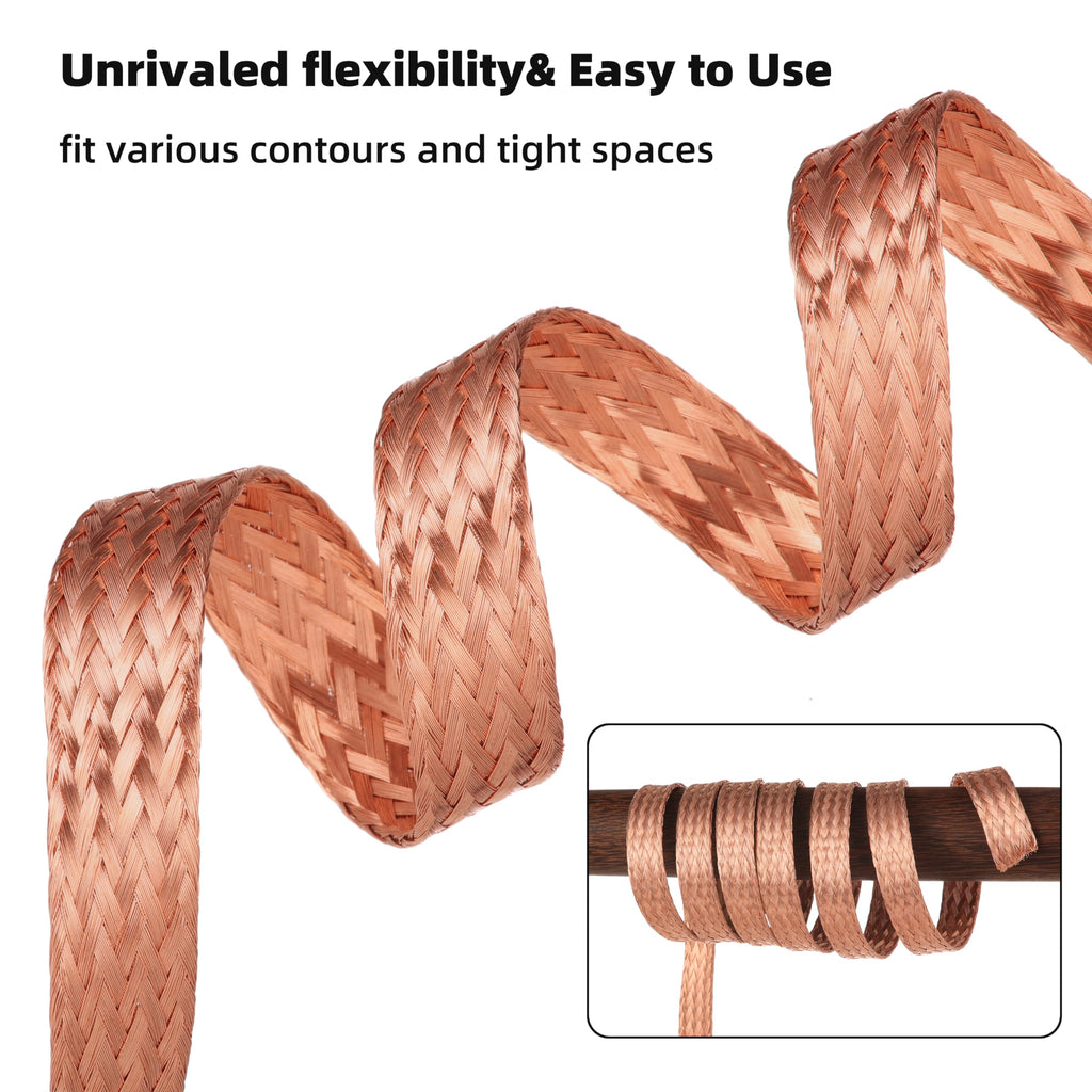 10FT Flat Copper Braid Cable, KWOKWEI 5/8" Braided Copper Ground Strap, Ground Lead Bare Flexible Spiral Shielding Wire Mesh for grounding and bonding