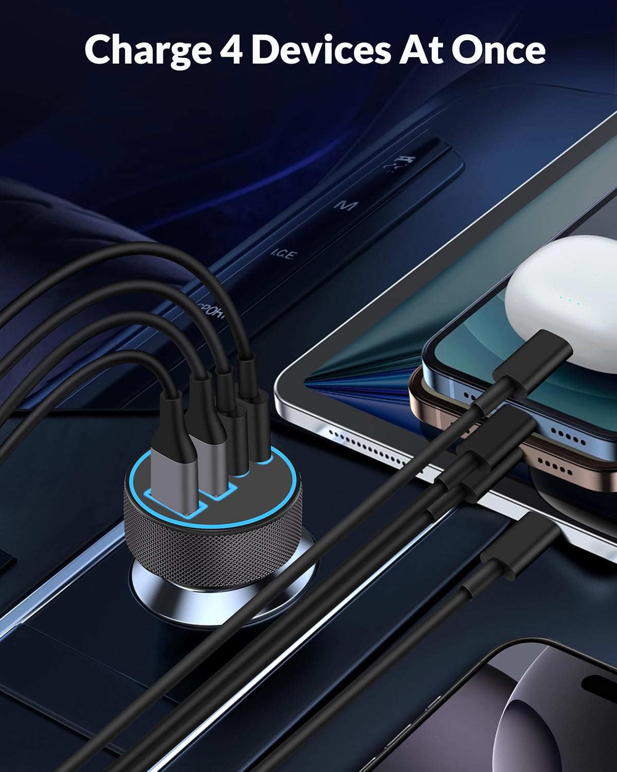 [4 in 1] USB C Car Charger, 4-Port 90W Super Fast Charging Cigarette Lighter Adapter, Dual 45W USBC & USB-A Multiport