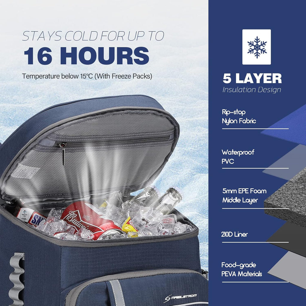 35/50Can Insulated Cooler Backpack, Leakproof Soft Lunch Ice Bag | 16h Cold,Multi-Pockets,Survival Whistle,Ergonomic