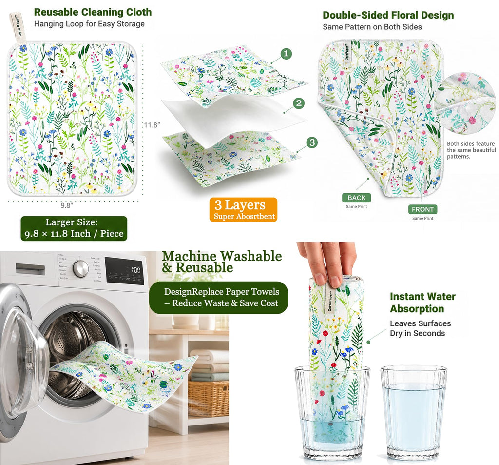 100% Cotton Flannel Reusable Paper Towels - 7 Pack Machine Washable - 3 Layers Extra Absorbent, Zero Waste Soft Cloth