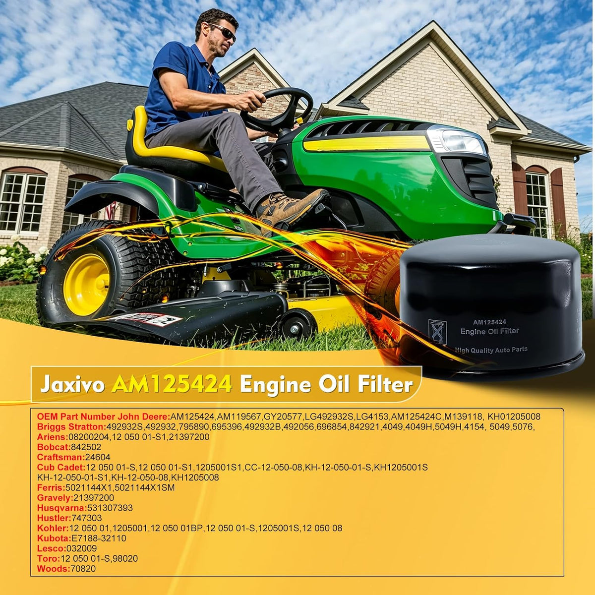 AM125424 Engine Oil Filter Compatible with John Deere 125,135,L110,LA115,D140, E110,X350,X590,S240,LX255,Z225,Z335E,Z425,Z655,D110,D120,Replace AM119567 GY20577 492932S,1PC