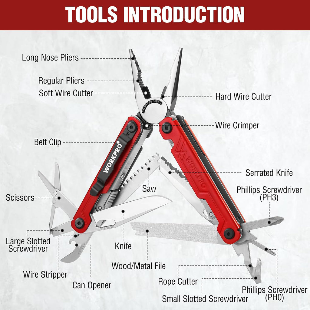 18-in-1 Multi Tool Pliers Pocket Knife, 2 Safety Locks, EDC, Red | Gifts for Men Dad Women Wife, Stainless Steel