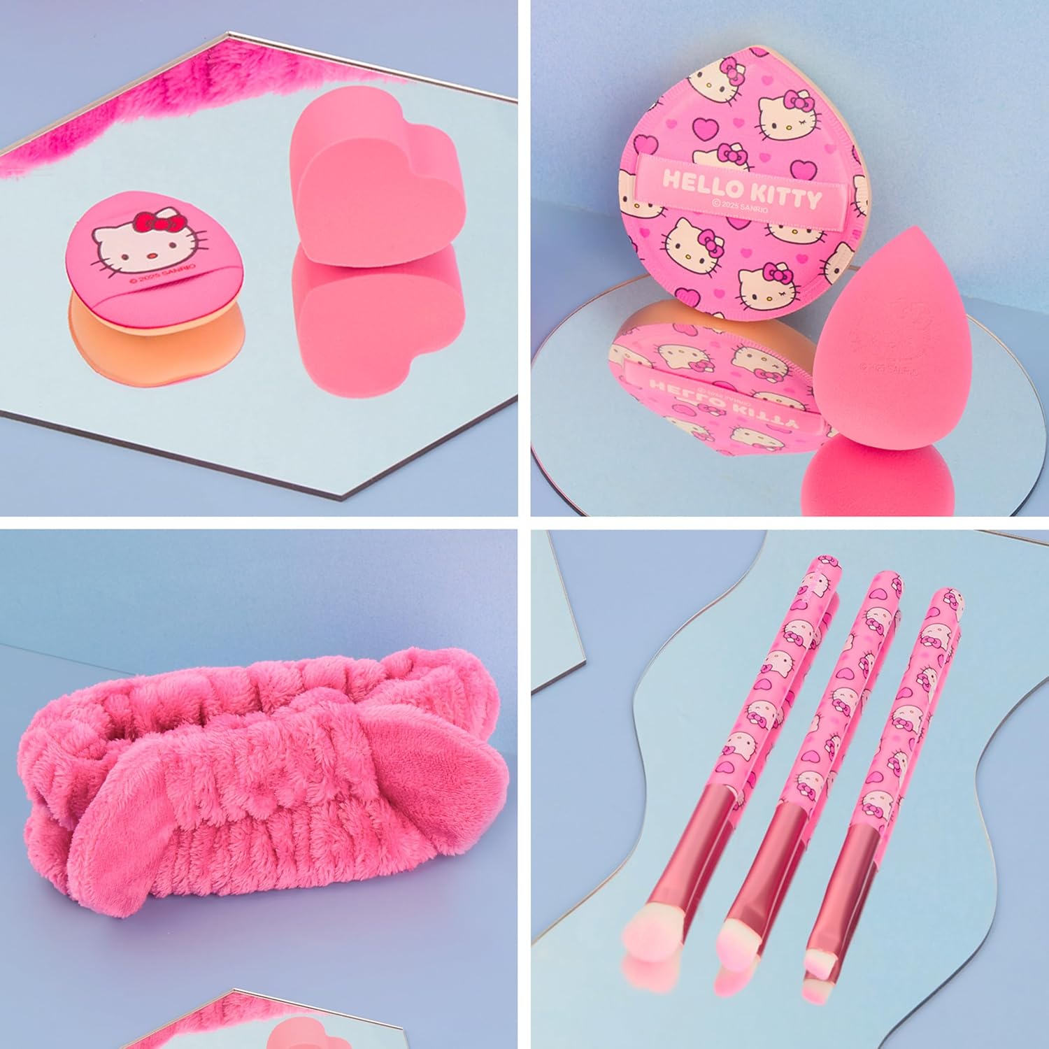 Hello Kitty Sanrio Makeup Brush Sponge Set for Girls, Teens with Headband Powder Puffs Soft Brushes Beauty Sponges