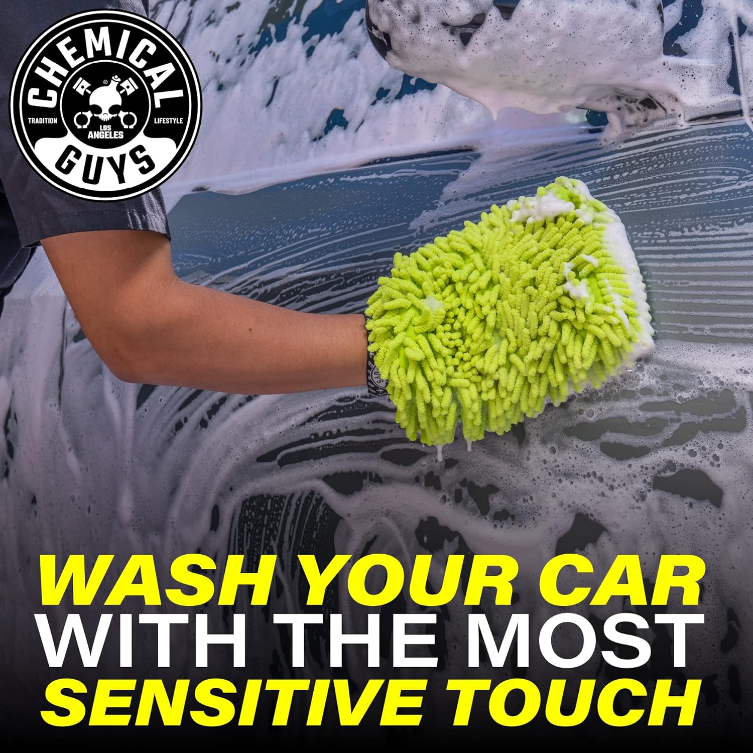 Chenille Microfiber Wash Mitt for Cars, Scratch-Free, 2 Pack | Ultra-soft lime green chenille holds thick suds and