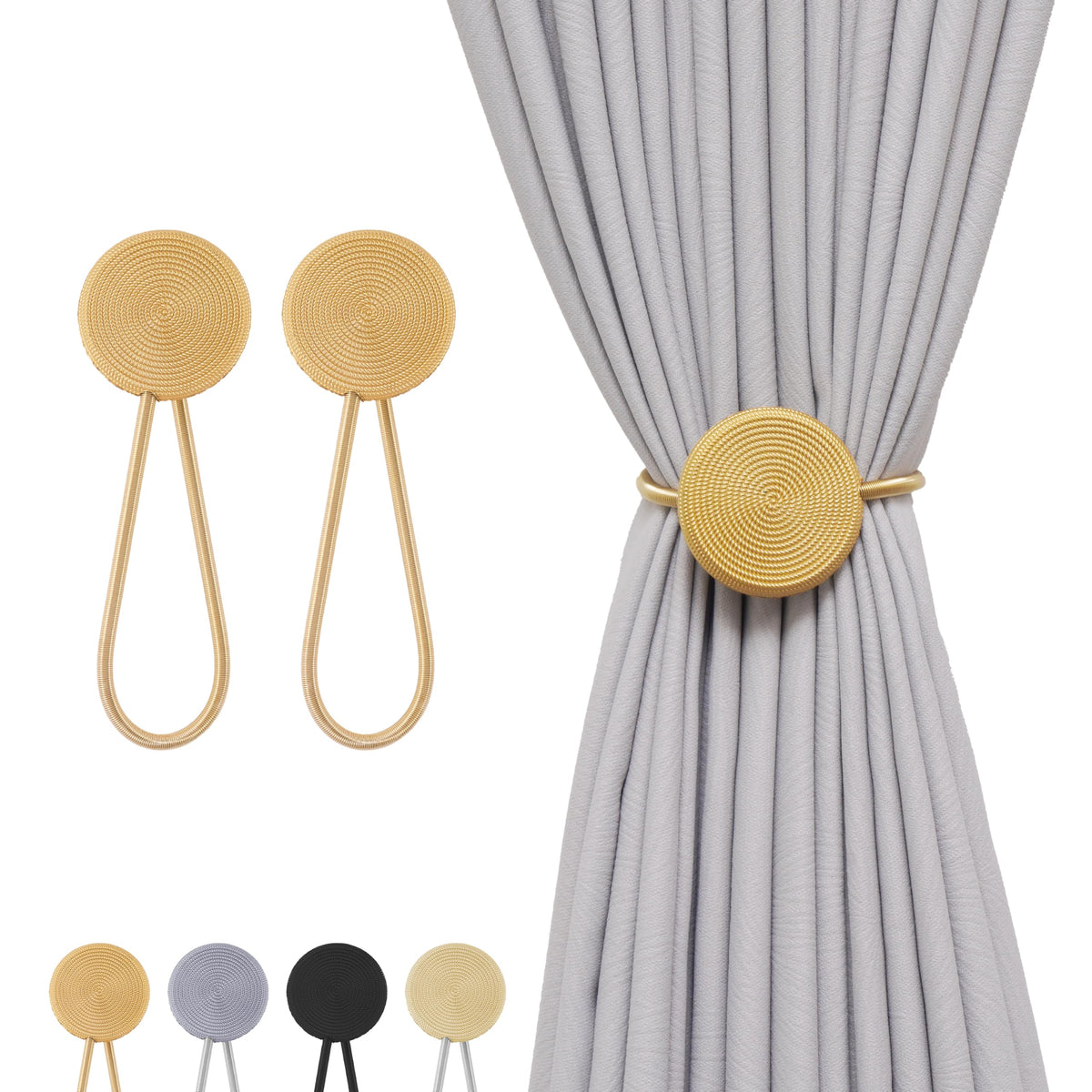 Boho Magnetic Curtain Tiebacks 2 Pack Gold – No Drill Wall-Mounted Holdbacks, Strong Suction Drape Ties, Elastic Cord