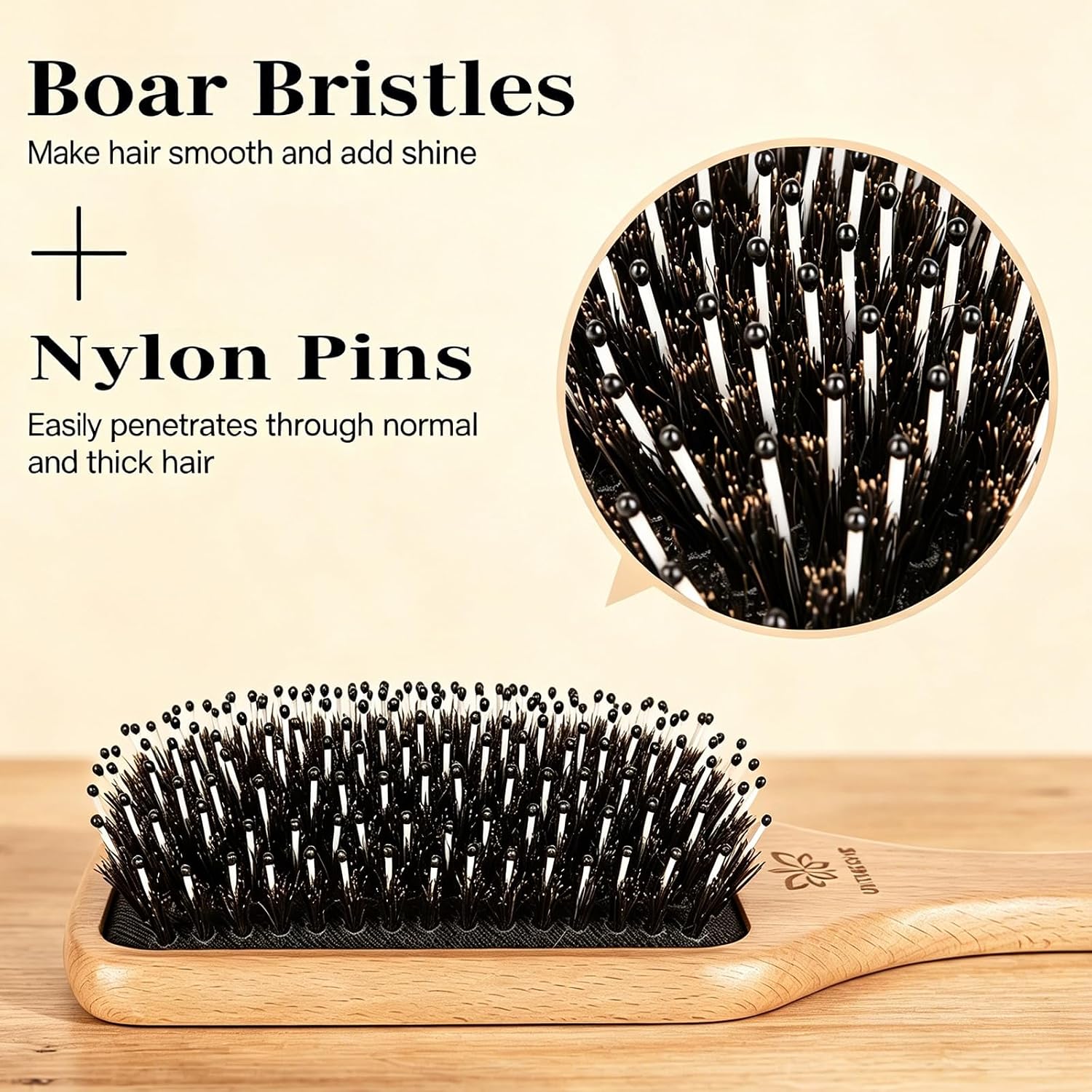 Boar Bristle Hair Brush and Comb Set for Women Men Kids, Best Natural Wooden Paddle Hairbrush and Small Travel