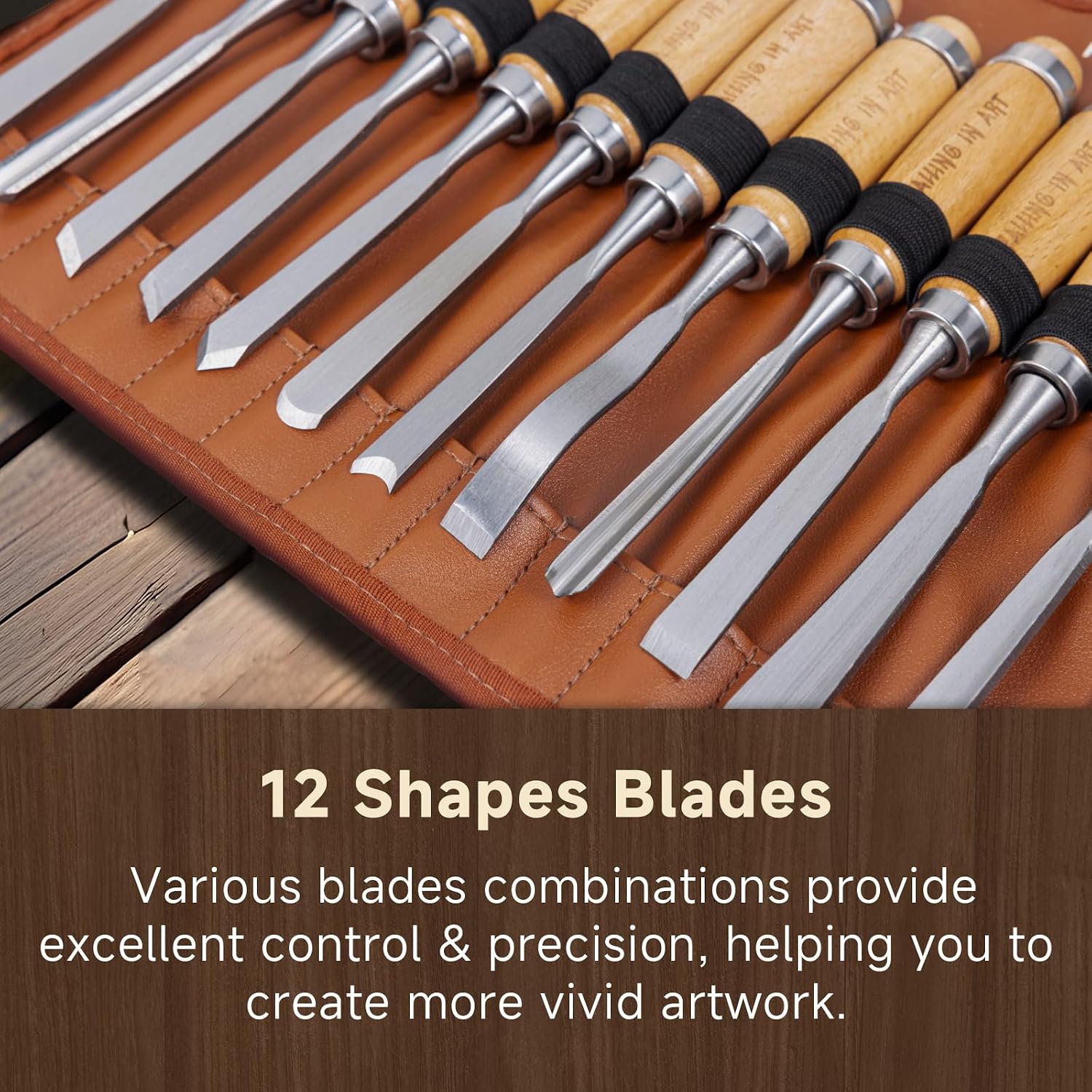 12Pcs Wooden Carving Chisel Set with a Leather Pouch | Woodworking Tools Set , Full Size Knife Gouge Kit for Carving