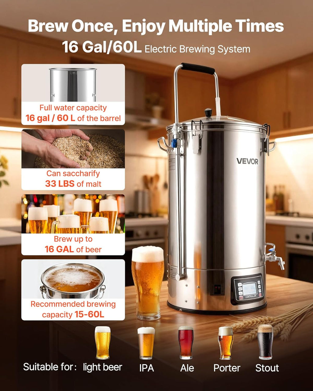 Beer Brewing Equipment, 16 Gal/60L Beer Maker with Anti-Burn Pump and Wort Chiller,3000W All-in-One Home Brewing Kit
