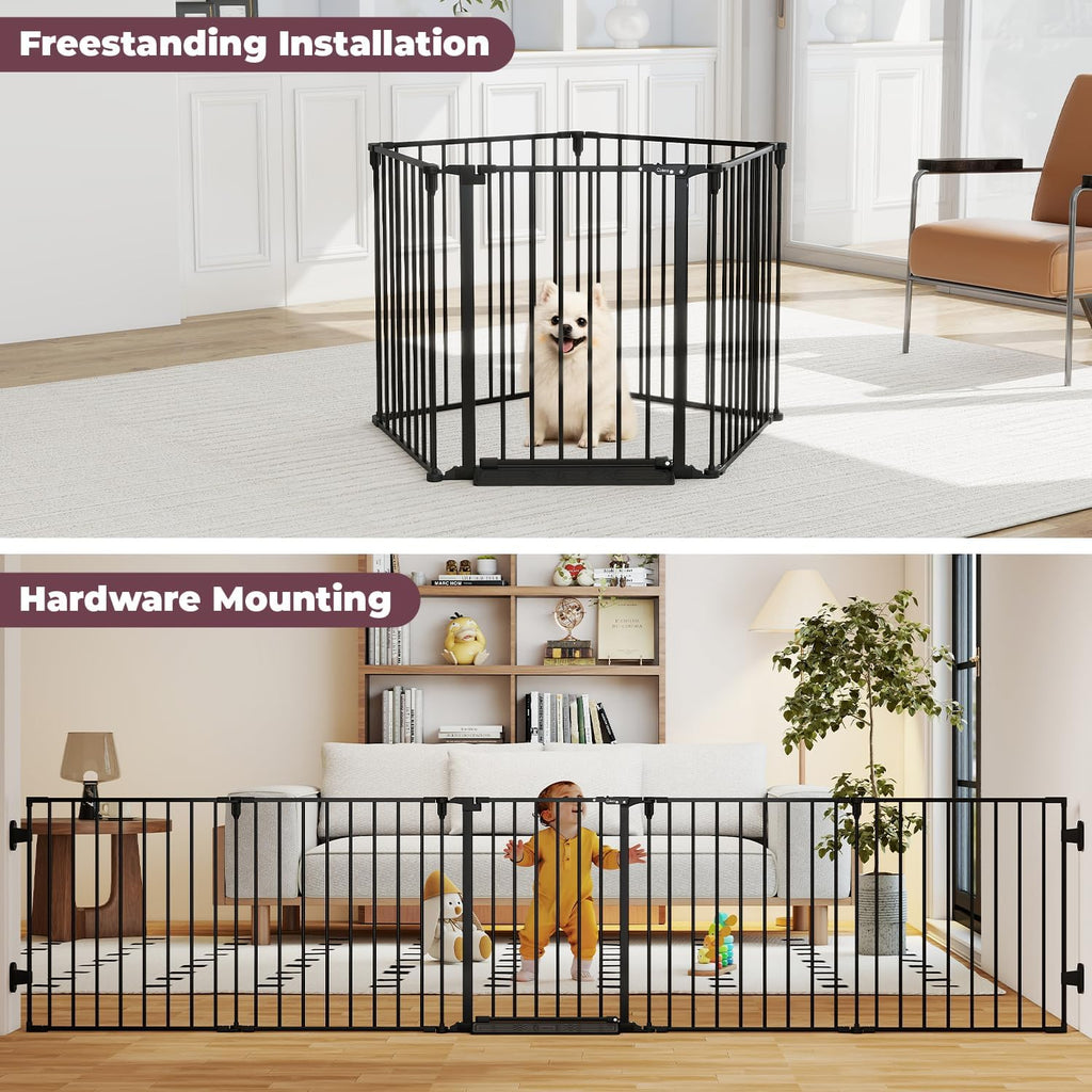 127.5" Extra Wide Baby Gate for Fireplace Christmas Tree, Configurable 5 Metal Panels Baby Fence, Child Gate for Wide