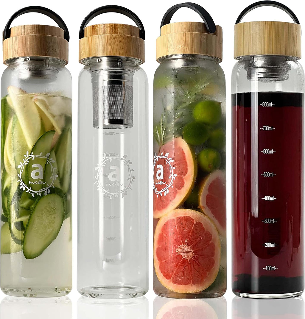 32oz Borosilicate Glass Water Bottle with Bamboo Lid and 2 Tea Infuser Sets for Fruit Infused Water and Cold Brew