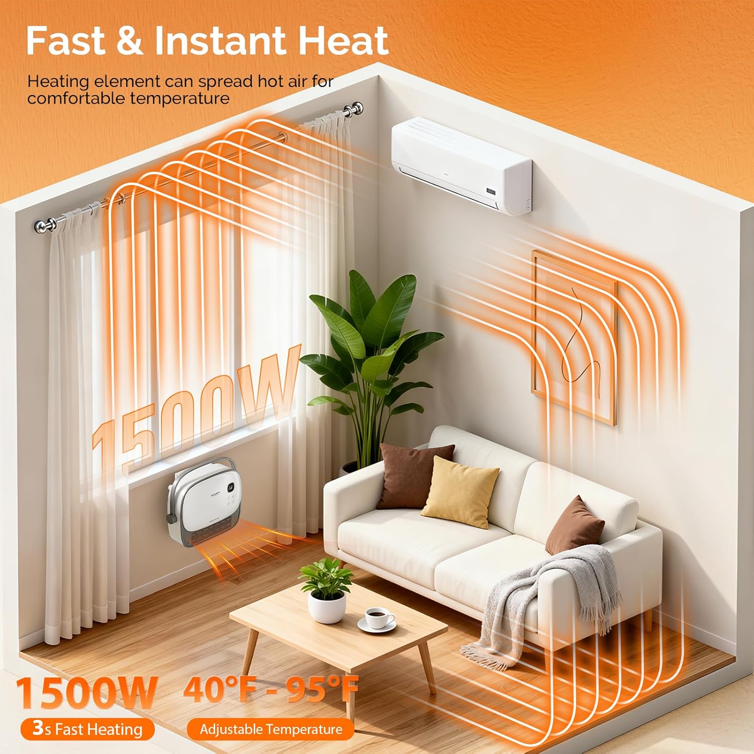 1500W Small Wall Mounted Space Heater with Remote Control, PTC Heating Element & 3s Fast Heating, Wall Electric