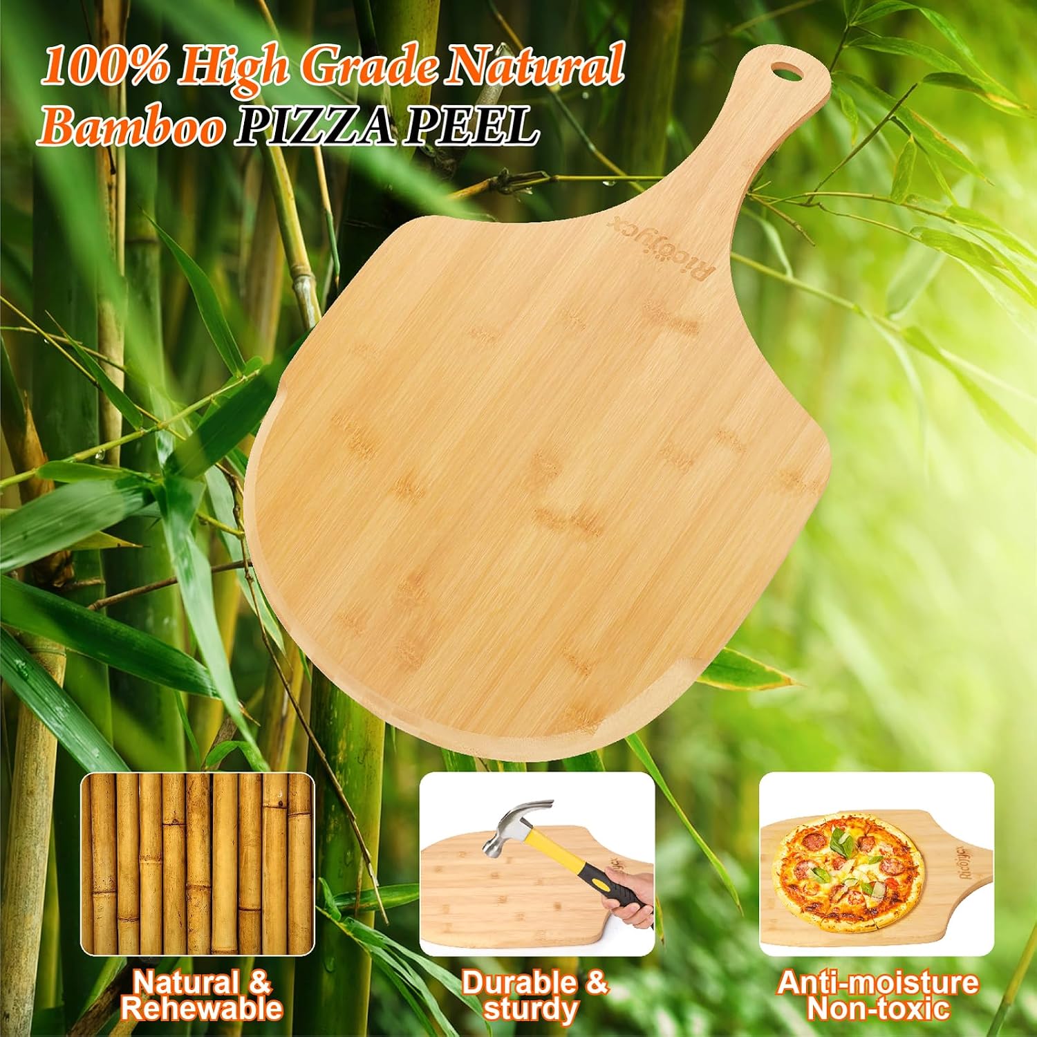 Pizza Peel Set of 2, 14 Inch Natural Bamboo Pizza Paddle – Non-Stick Wooden Pizza Board for Oven, Cutting Board &