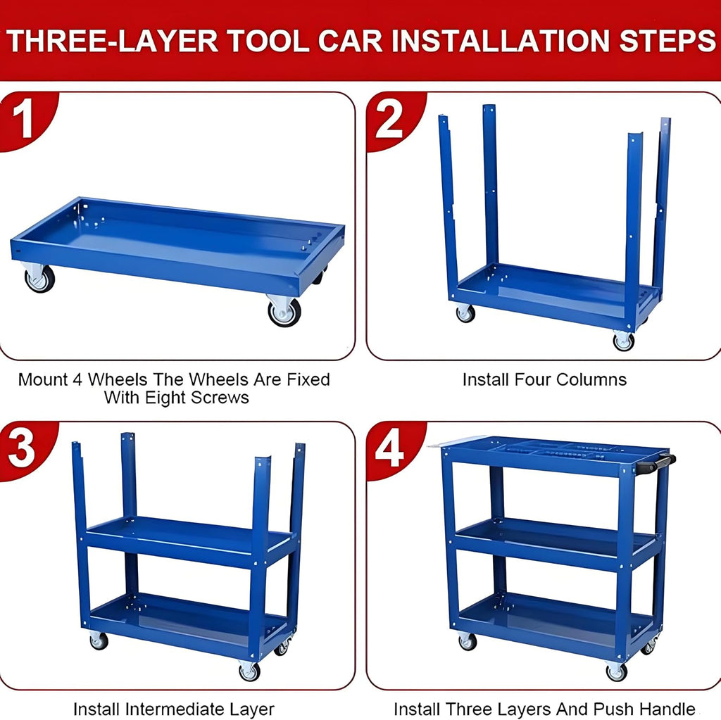 Upgrade 3-Tier Rolling Tool Cart with Lockable Wheels, Heavy Duty Steel Utility Mechanic Tool Cart with Handle