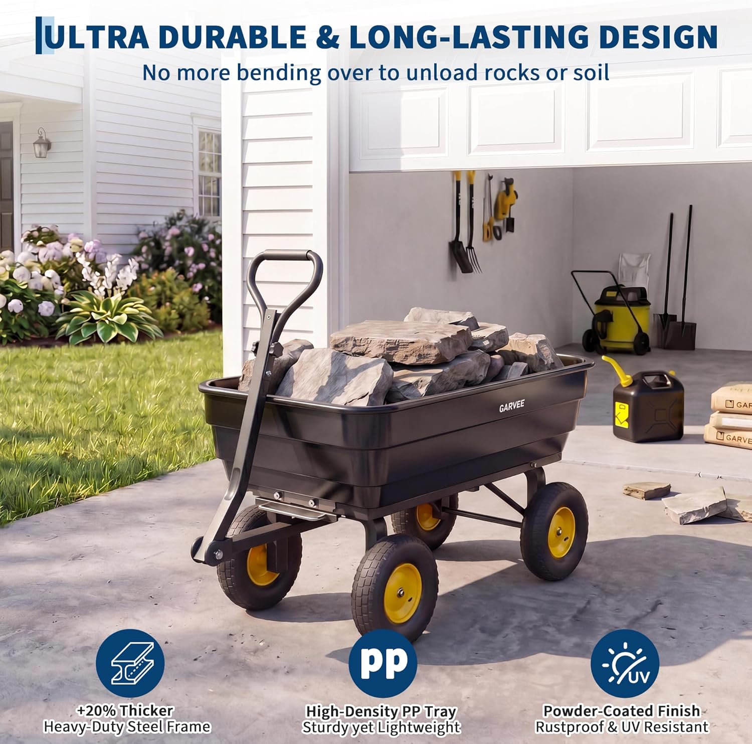 Poly Garden Dump Cart, Heavy Duty 1200lbs Wheelbarrow Yard Cart Dump Wagon with 13" All Terrain Wheels, Garden