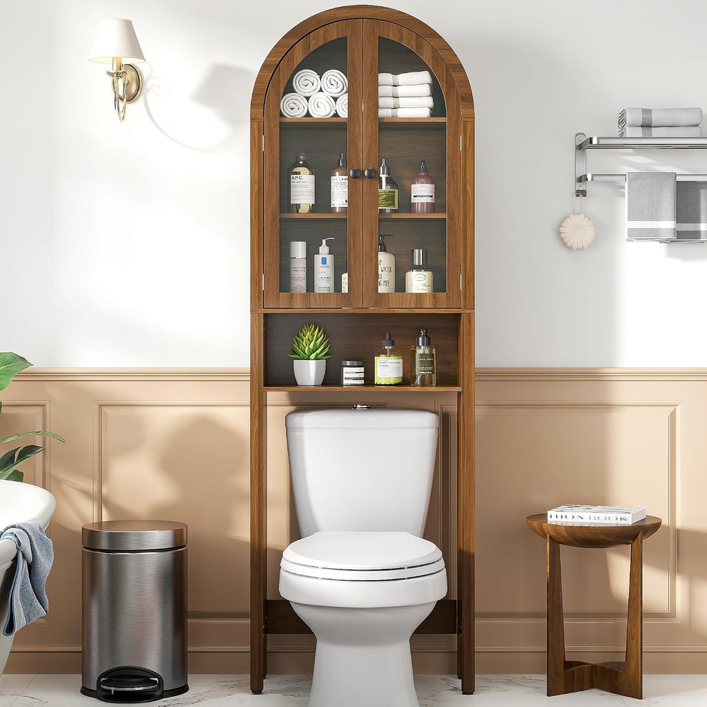 Arched Over The Toilet Storage Cabinet with Acrylic Doors, 4 Tier Small Bathroom Shelf Organizer, Mid Century Modern