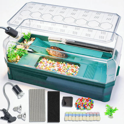 25.9x13x11 Turtle Tank Kit with Filter, Basking & Heat Lamp Green