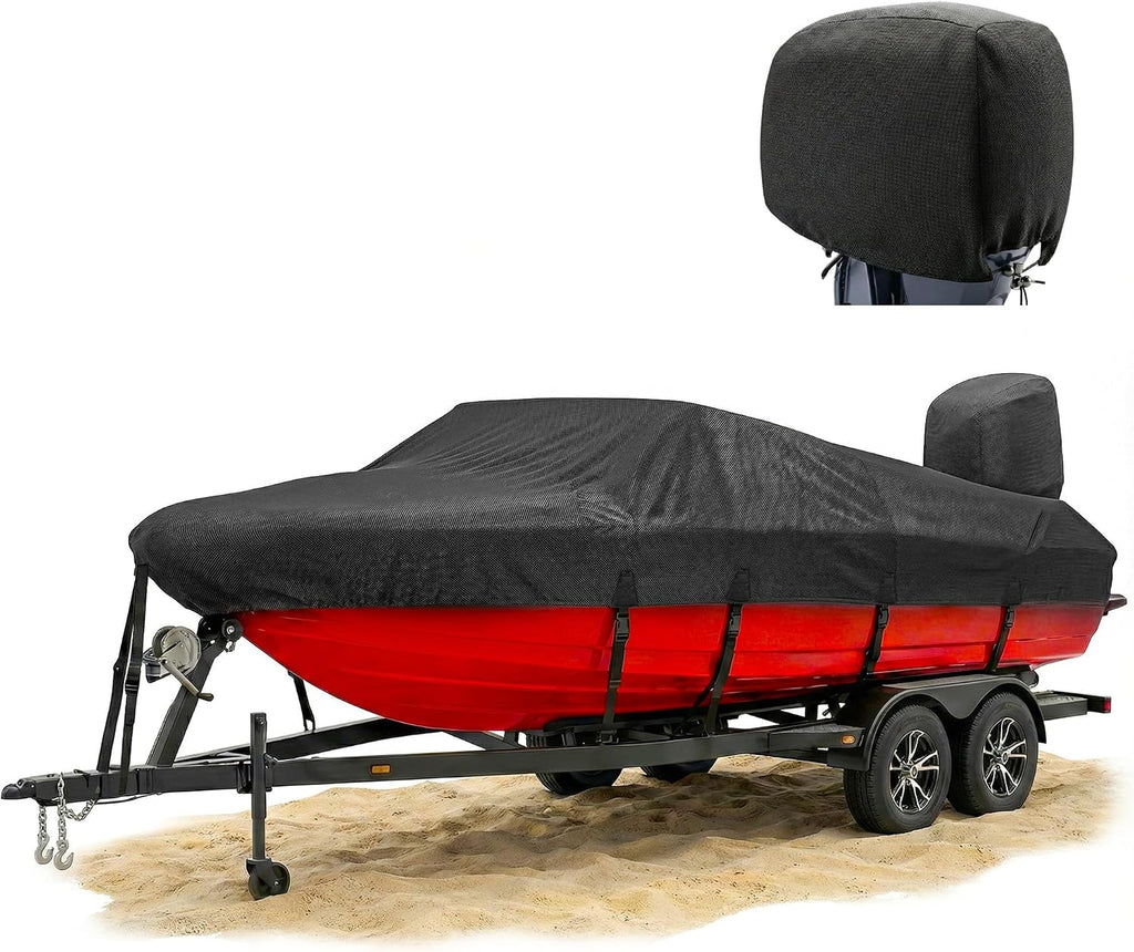 Boat Covers 16-18ft 1200D Waterproof Heavy Duty Marine Tarp Black Bass Boat Cover, Fits V-Hull, Tri-Hull, Runabout &