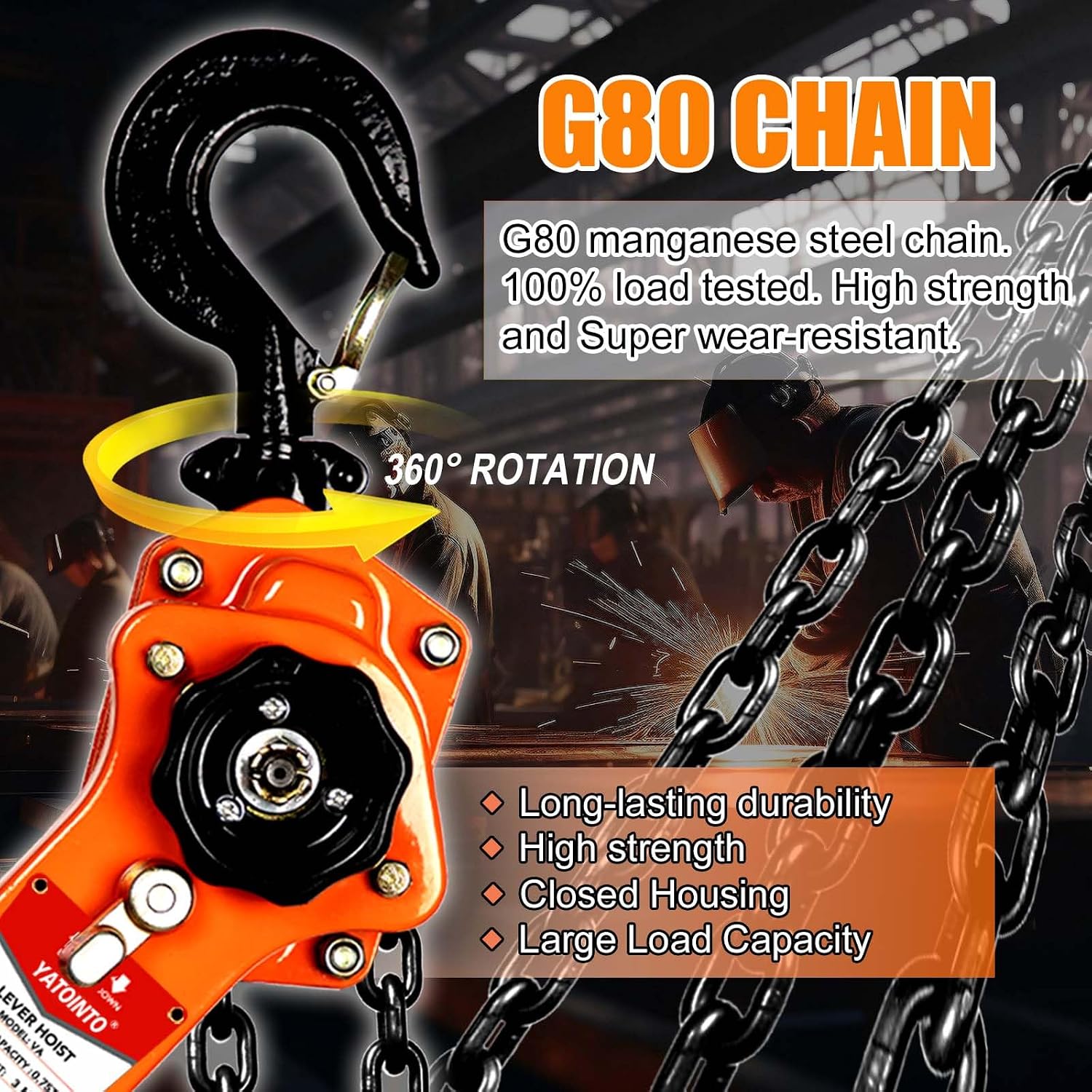 Lever Chain Hoist, 3/4 Ton Come Along Winch, 10FT Manual Ratchet Puller Hoist,G80 Black Chain and 2 Heavy Duty