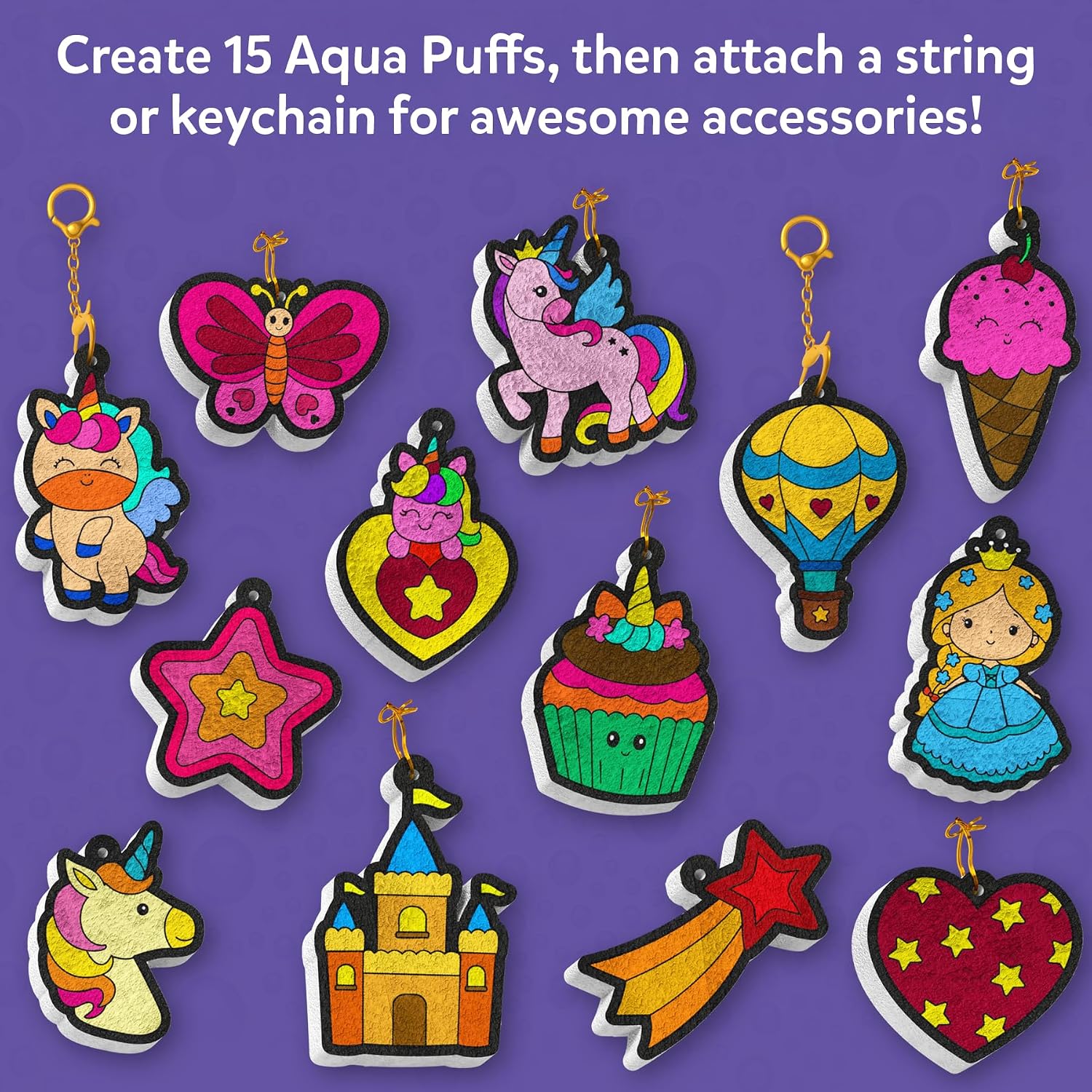 Aqua Puffs Unicorns, Art & Craft Gift for Kids, Paint by Number | DIY Princess Puffy Keychains, Screen-Free