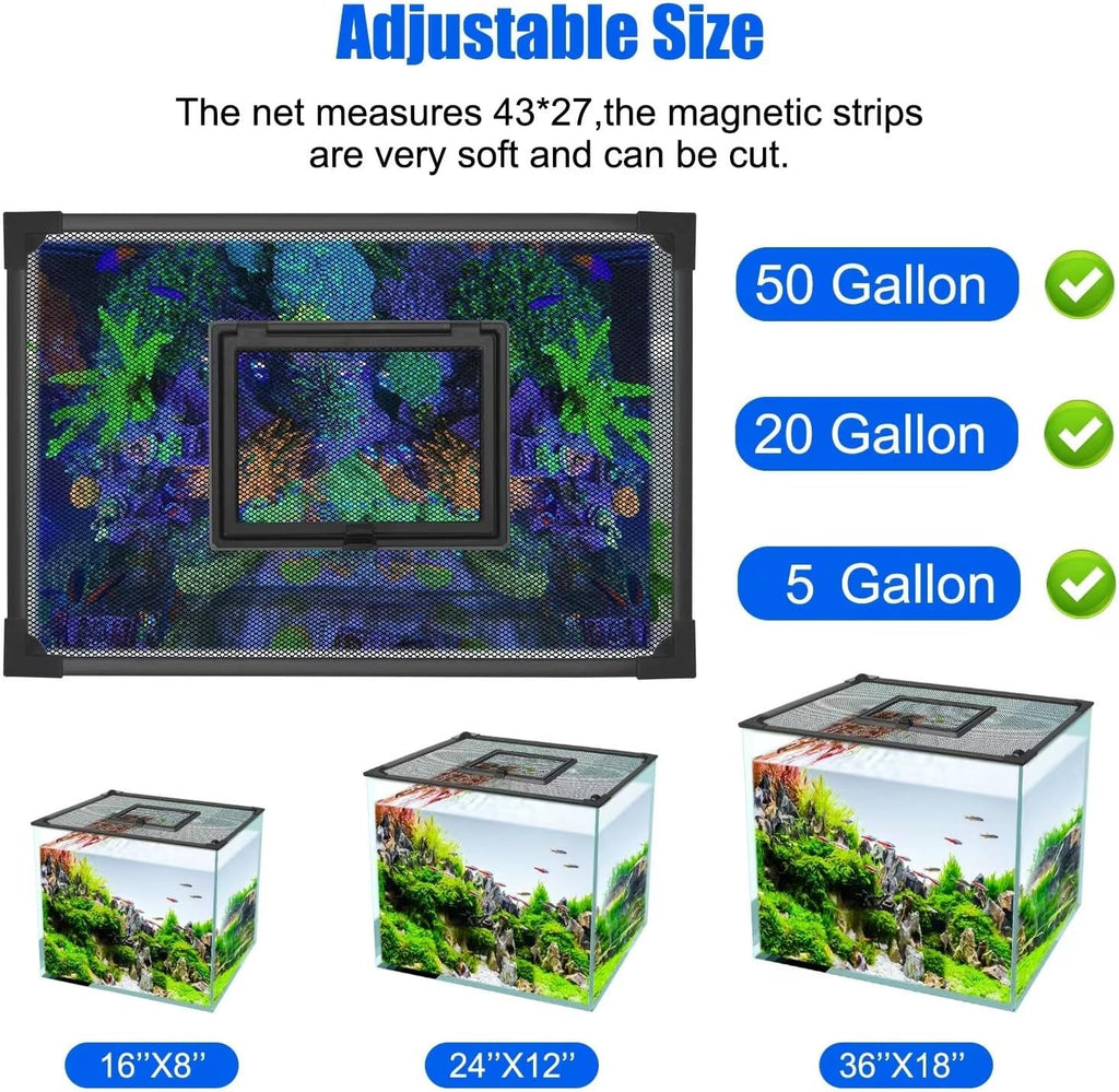 Large Magnetic Fish Tank Lid Size 43"x27" Aquarium Net Cover with Feeding Window 5-40 Gallon DIY Aquarium Lid