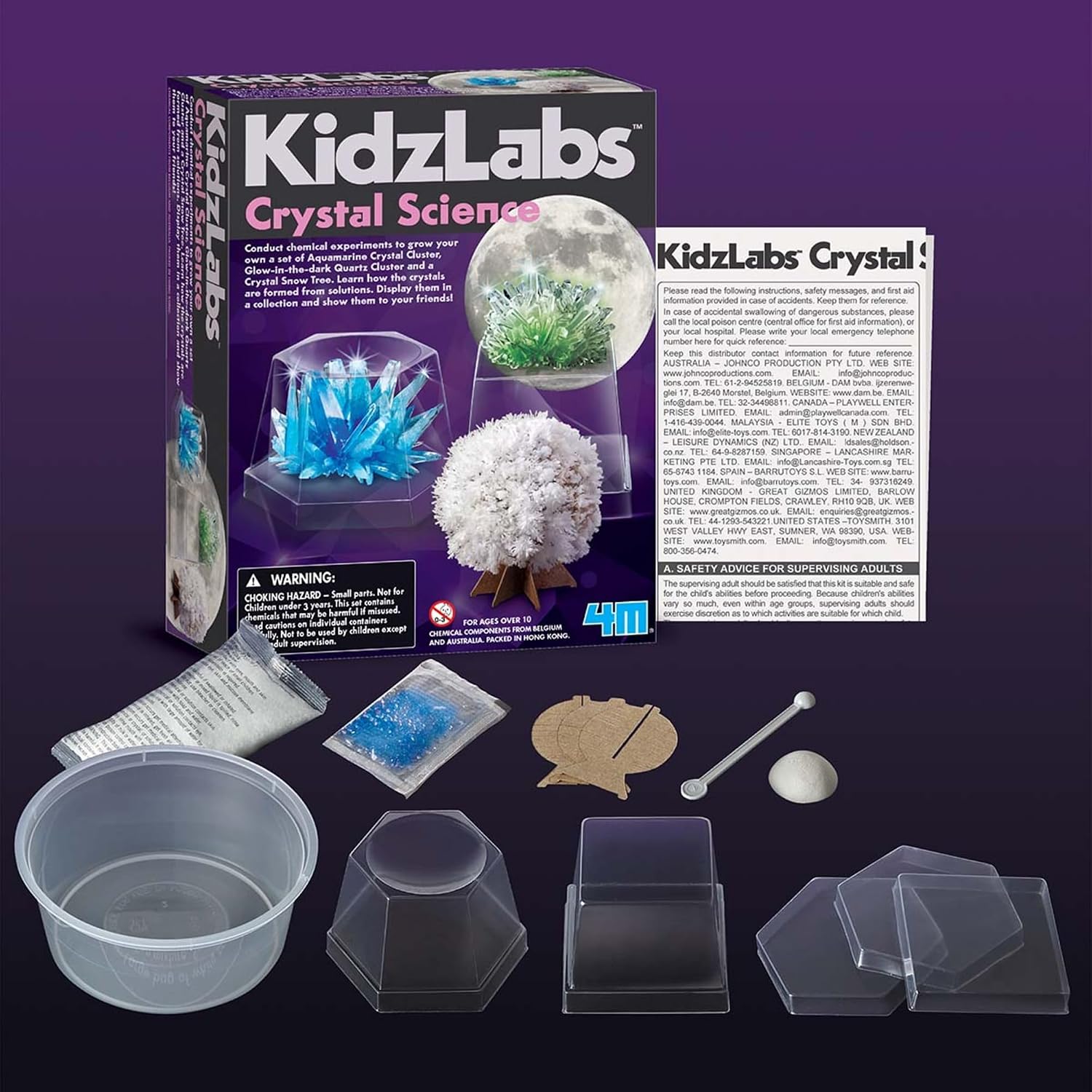 KidzLabs Crystal Science Kit - Grow 3 Crystals, STEM Chemistry DIY Set | Includes aquamarine, glow-in-the-dark moon