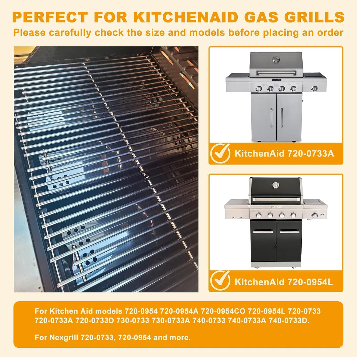 Grill Replacement Parts for KitchenAid 720-0954 720-0954A 720-0954CO 720-0954L 720-0733 720-0733A 720-0733D 730-0733, Stainless Steel Cooking Grates, Heat Plates, Burner Tubes for Nexgrill 720-0954