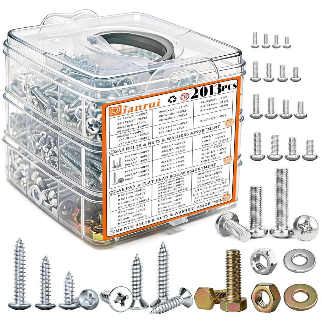2013 PCS Metric & SAE Nuts & Bolts & Wood Screws Assortment Kit, Phillips Pan Head & Flat Head Screw, Grade 8.8