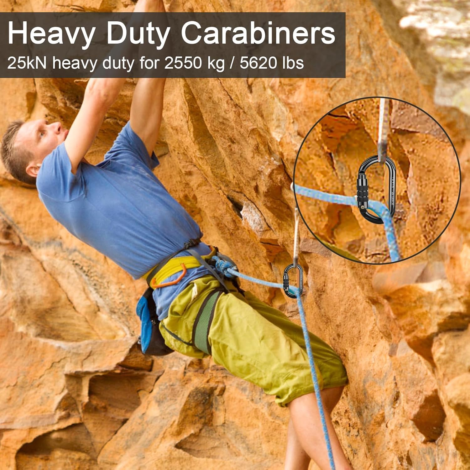CE Certified Auto Locking Climbing Carabiners, Professional 25KN (5620 lbs) Heavy Duty Caribeaners for Rappelling