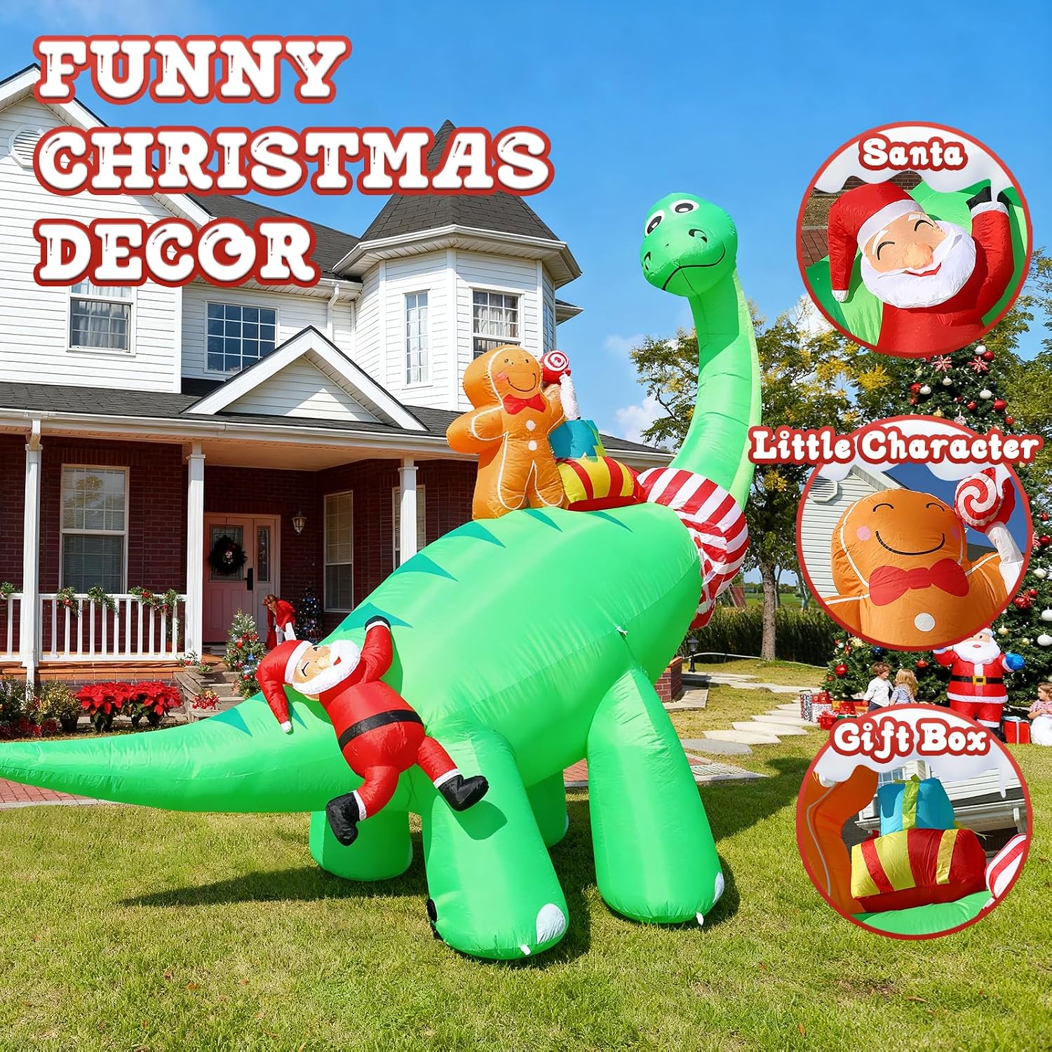 12FT Inflatable Dinosaur Santa Claus with Bright LED Lights for Yard | Giant blow up Christmas decorations, Outdoor
