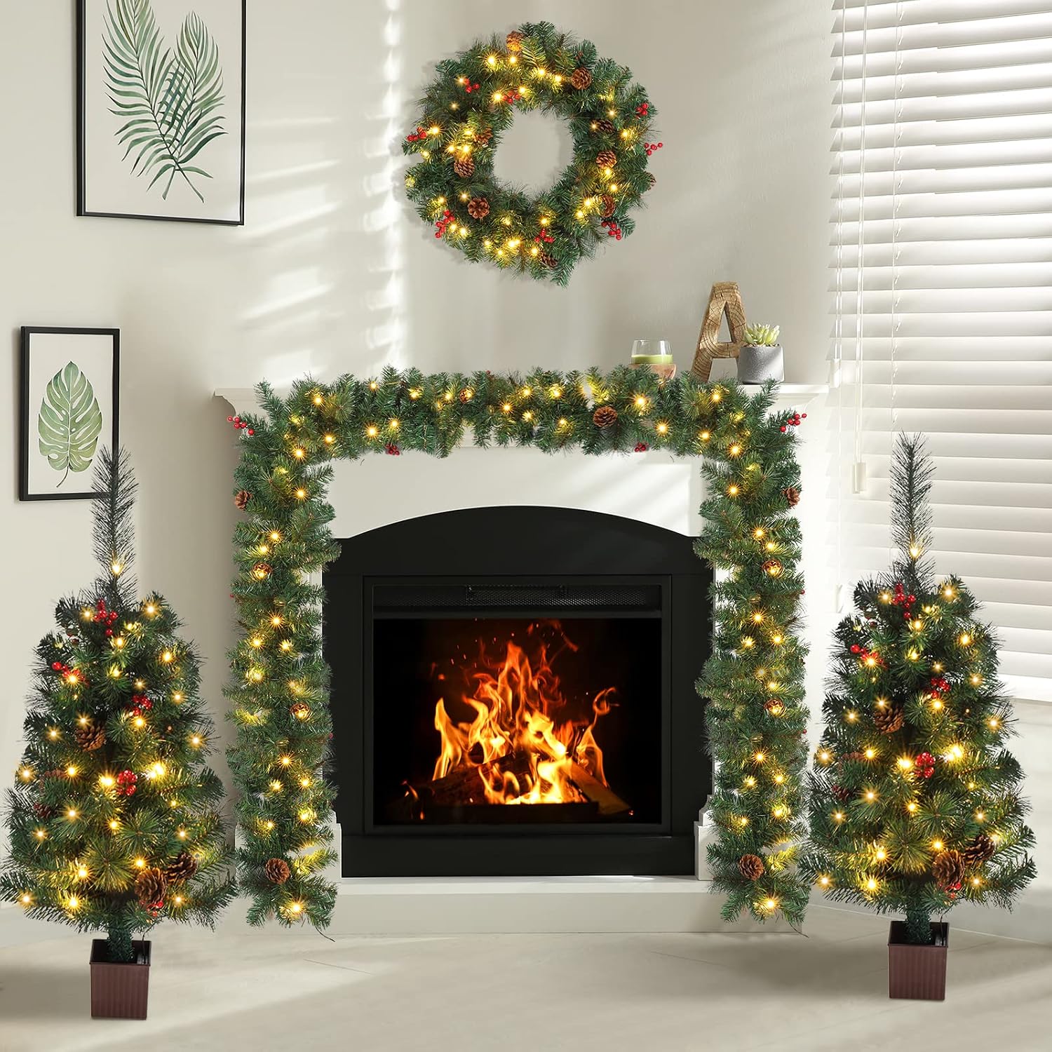 Pre-lit Christmas Tree 5-Piece Set with LED Lights, Christmas Garlands, Wreath and Set of 2 Entrance Trees Artificial