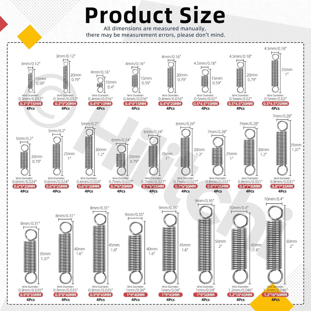 100Pcs 25Sizes Extension Spring Assortment Kit Extension Spring Stainless Steel Springs Assorted Size Small Springs
