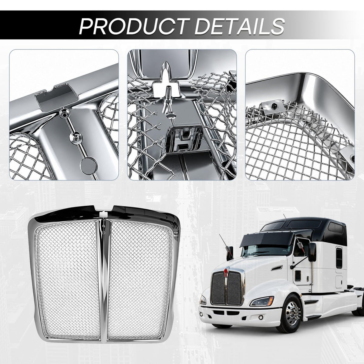 Chrome Front Grill With Bug Screen Compatible with 2008-2019 Kenworth T660