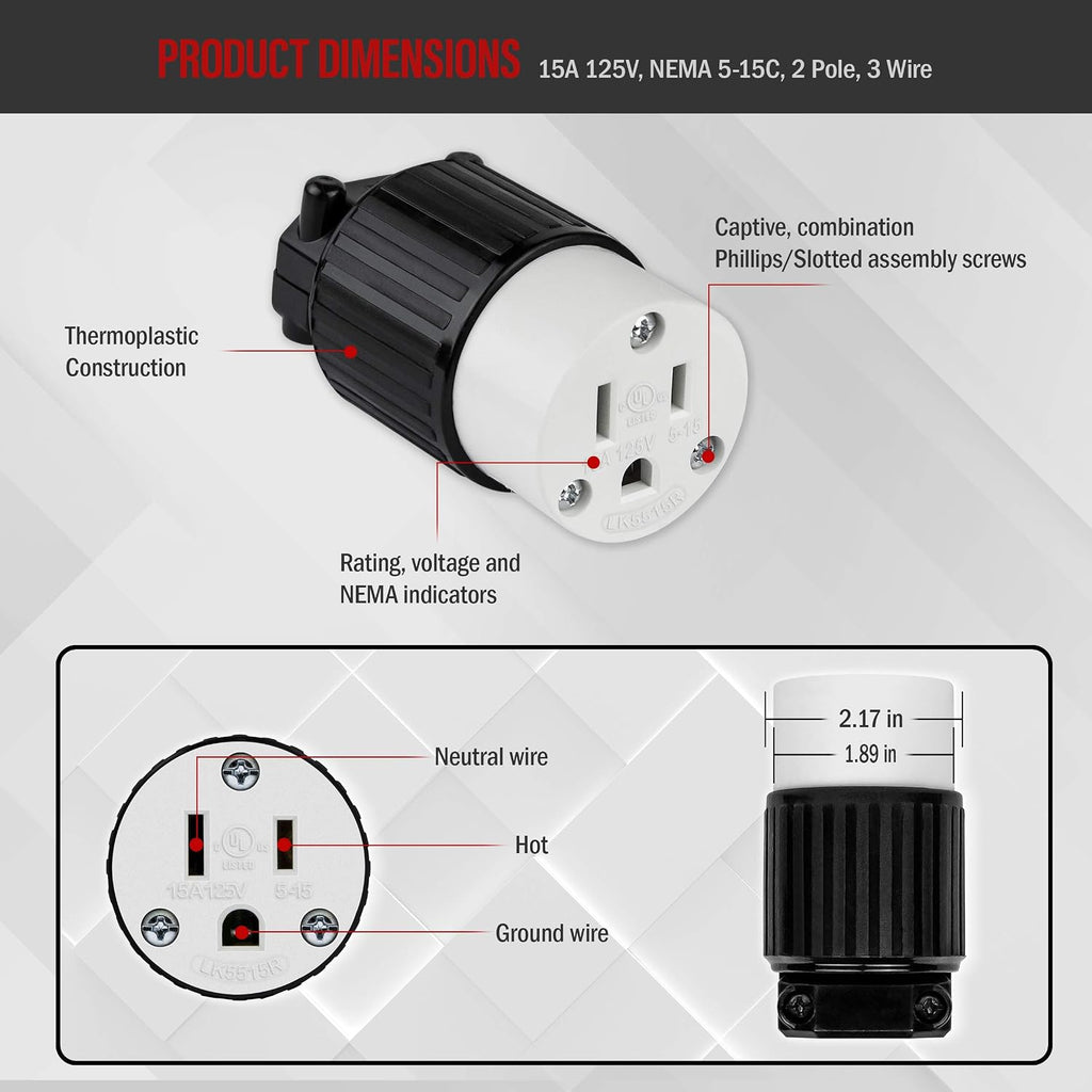NEMA 5-15R Straight Blade Connector, Female Plug Replacement Cord Outlet, 15 Amp, 125 Volt, 2 Pole, 3 Wire Grounding
