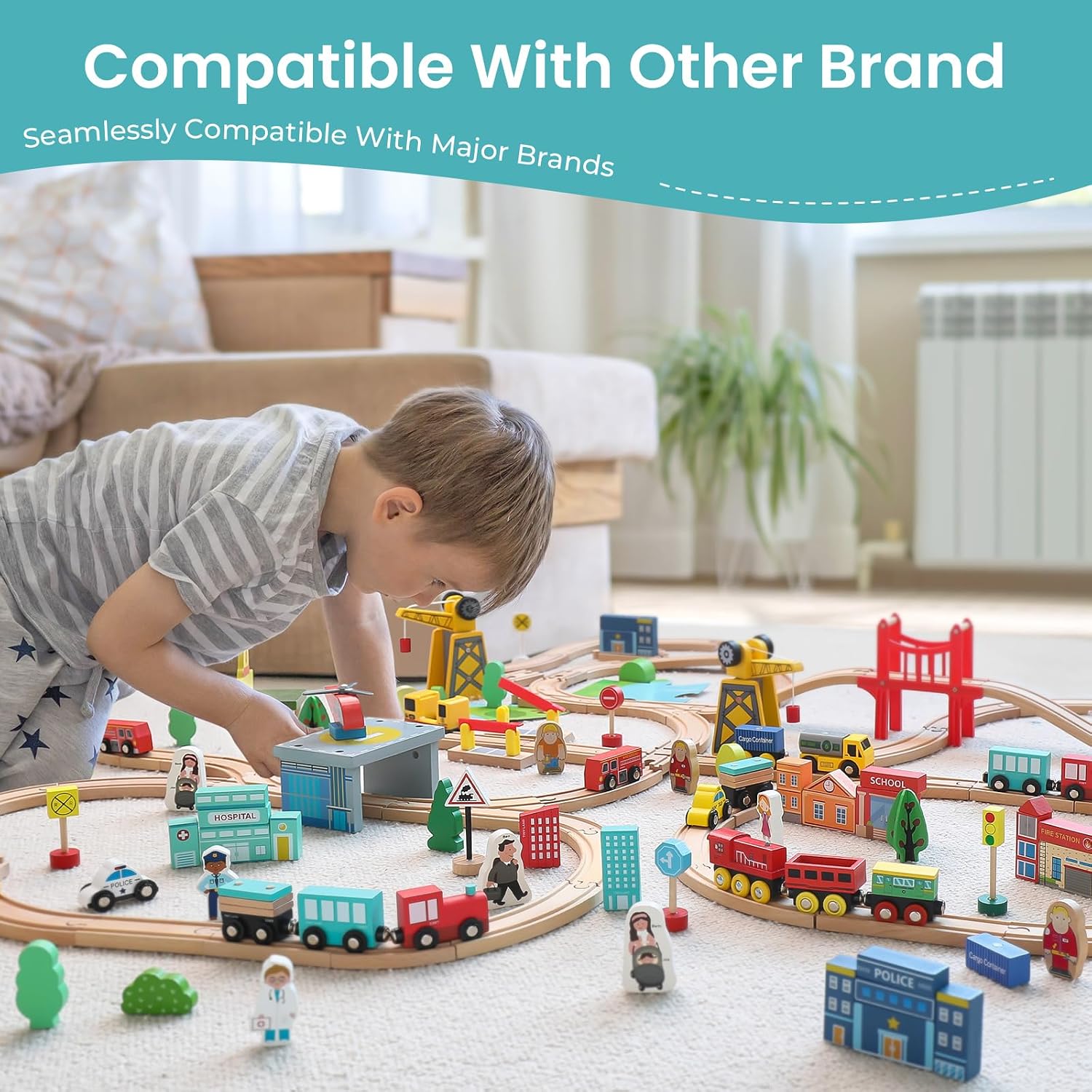 39 Pcs Wooden Train Set for Toddler with Wooden Tracks | Compatible with Major Brands, Expandable, Changeable Train
