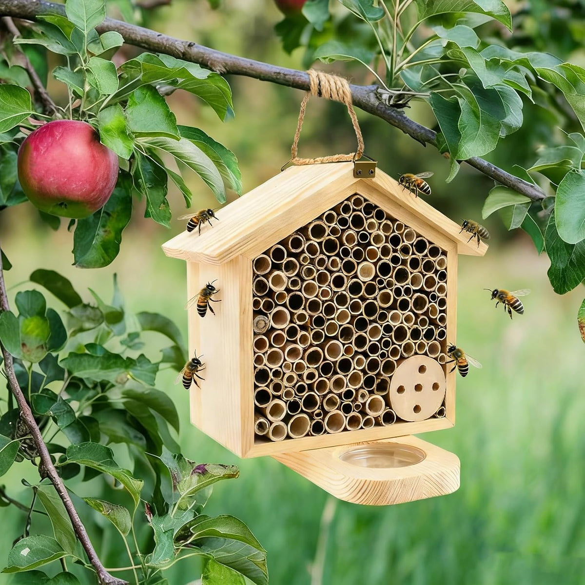 Mason Bee House with Feeding Trays, Natural Pine Wood Hanging Bee Hive