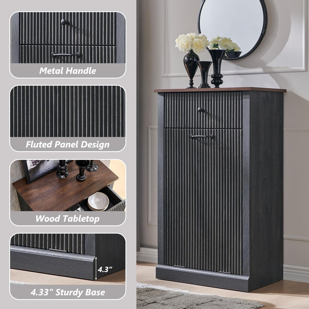 Tilt-Out Trash Can Cabinet, Fluted Laundry Hamper Cabinet, Dark Gray