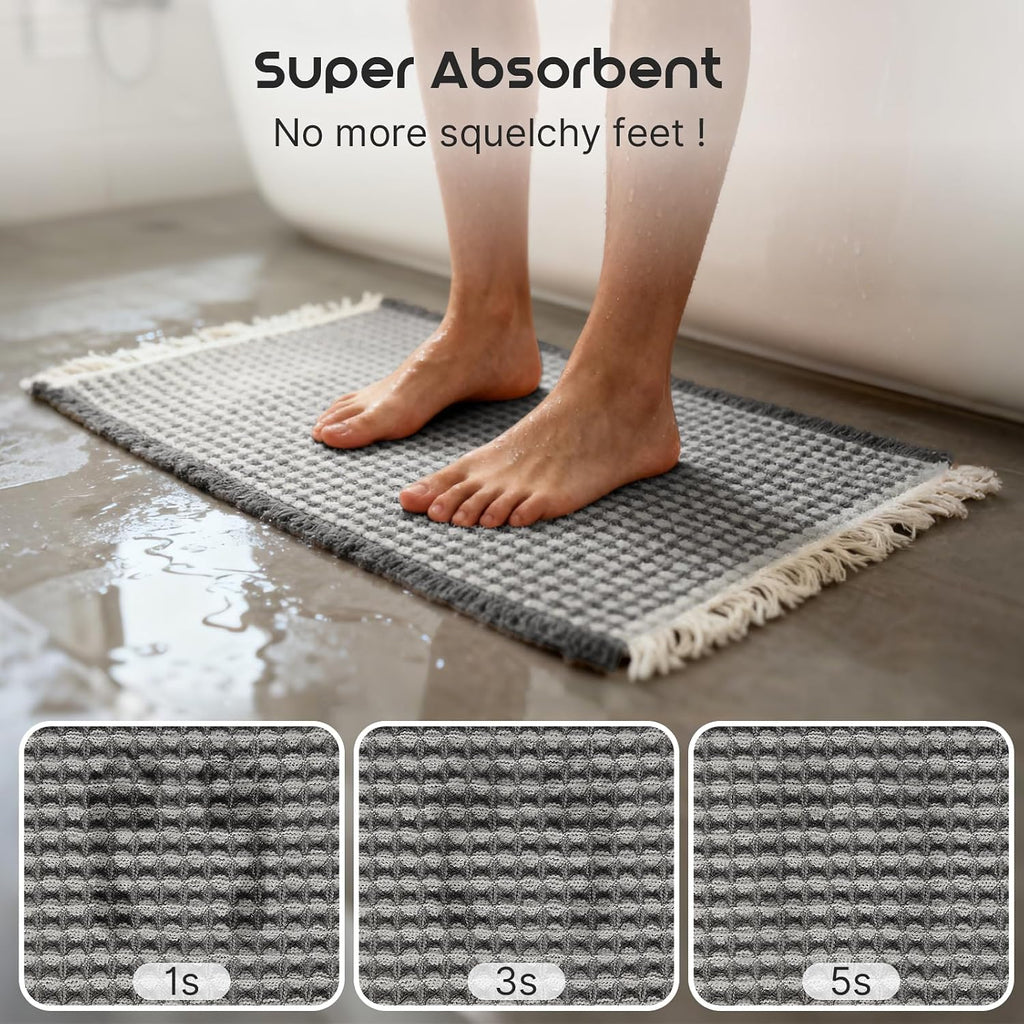 Waffle Bath Mat Super Absorbent, 18"×30" & 18"×30", Grey & White | Soft Non-Slip Boho Bath Rugs with Flat-woven Hot