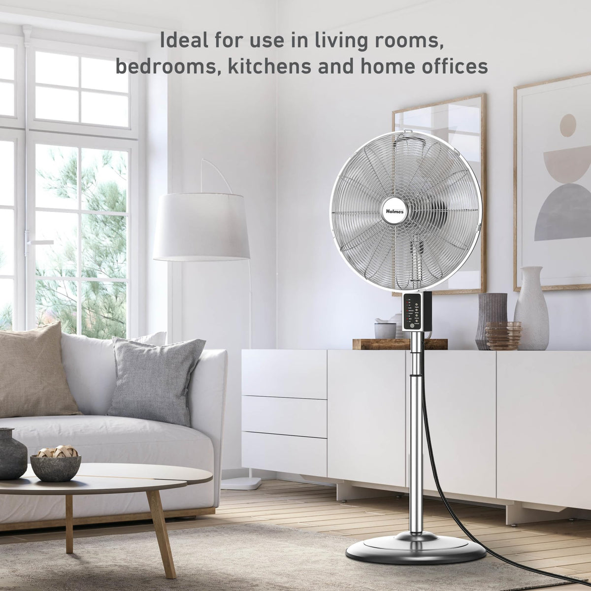 16" Vintage Digital Metal Stand Fan with Remote, Chrome Silver