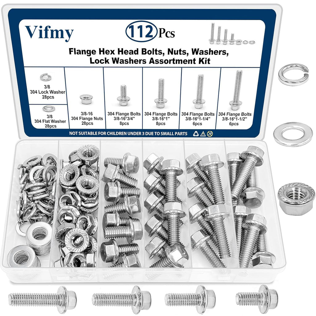 3/8-16 Flange Bolt & Nut Assortment Kit 304 Stainless Steel 112Pcs