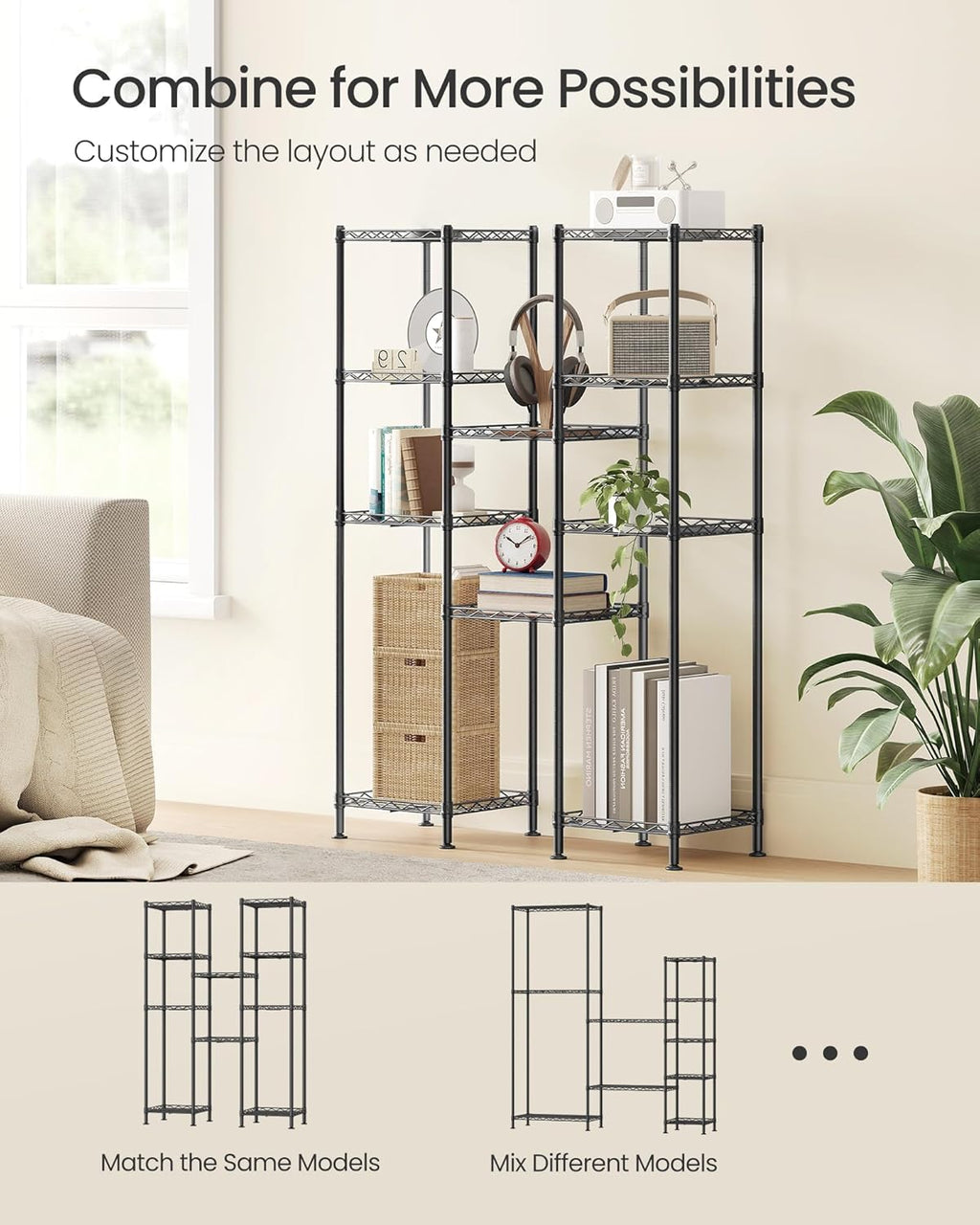 SONGMICS Storage Shelf, Small Metal Wire Shelving Unit, Adjustable Shelves, for Small Spaces, Garage, Bedroom, Living