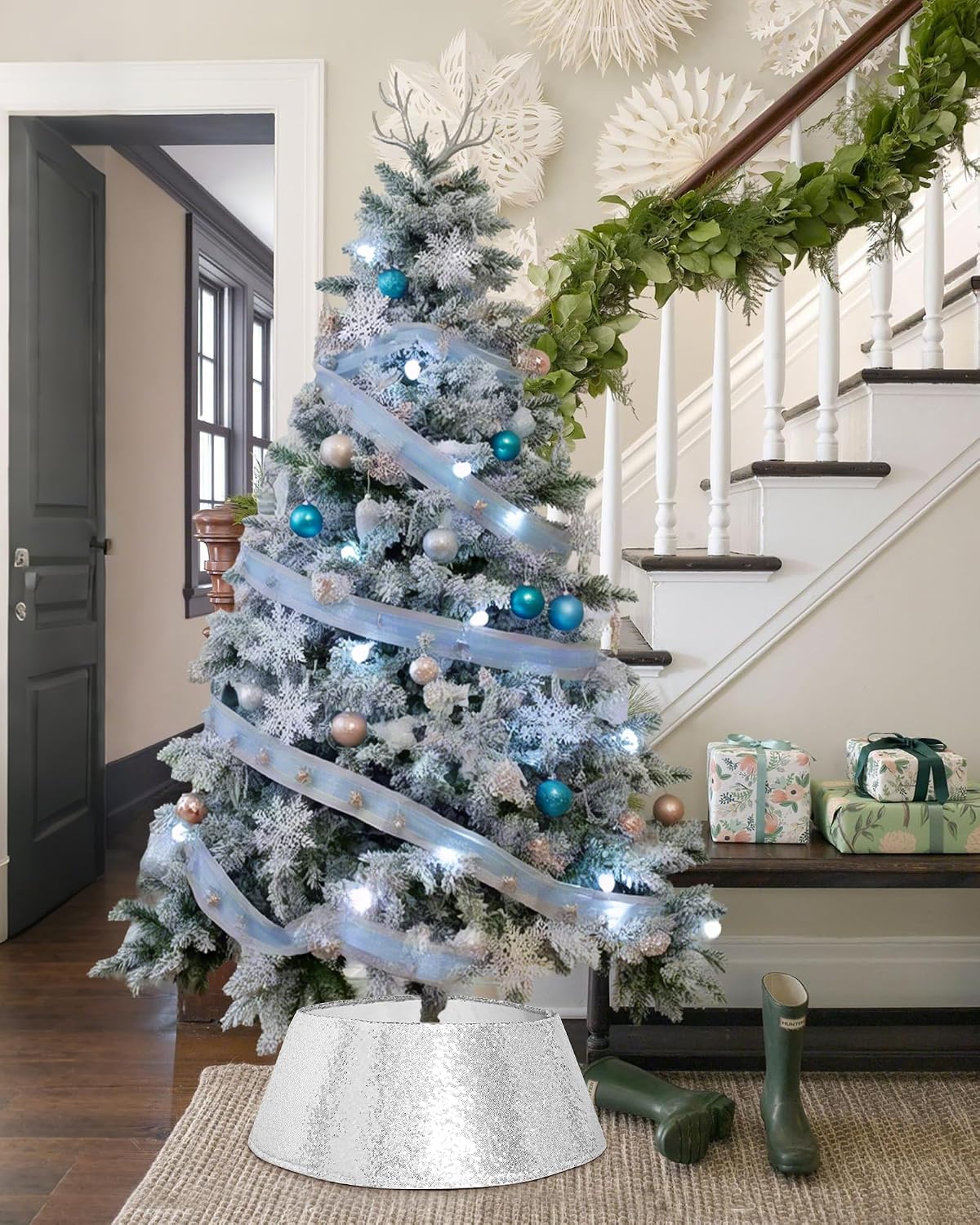 Silver Sequin Christmas Tree Collar 23 Inch | 16 Inch top opening and tapered ring conceal stands and cords with hook