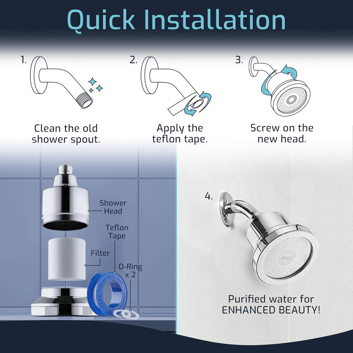 Shower Filter Head for Hard Water Improves Skin, Hair, and Nails - Large, High Output Filtered Shower Head with
